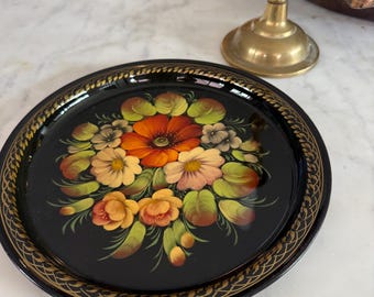 Vintage Zhostovo Hand Painted Floral Tray | Black Lacquer Tole Accent 8.5” Round