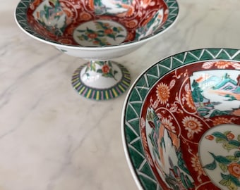Vintage Hand Painted Chinoiserie Pedestal Compotes, Porcelain Centerpiece Bowls, Hollywood Regency Decor