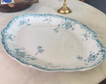 Antique English Transferware Platter, Porcelaine Royale Mosaic Pattern, Teal Daisy Border (16" x 13")