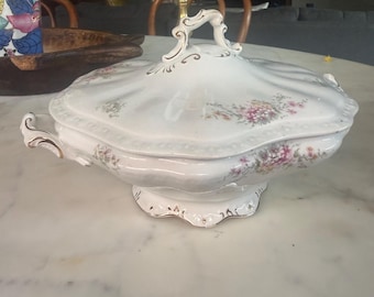 Antique Floral Porcelain Tureen: Pink Flowers, Gold Gilt, Cottage Shabby Chic Serving Dish