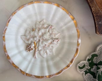 Antique German Porcelain Cabinet Plate Raised Grape Vine Gold Gilt Relief Plate