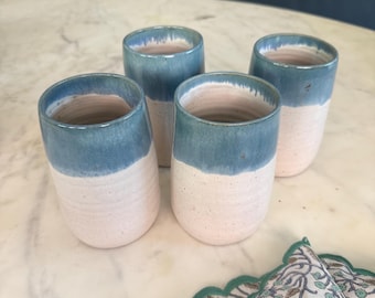 Handmade Studio Pottery Tumblers – Set of 4 Blue & White Speckled Ceramic Cups