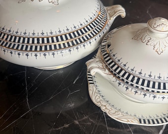 Antique English Ironstone Tureen Set, Cairo Pattern Transferware Serving Dishes