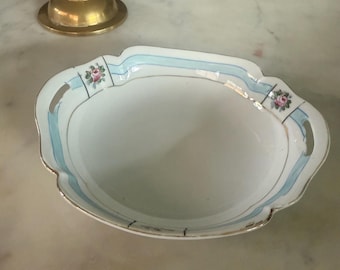 Hand Painted Nippon Porcelain Soap Dish | Pink Roses, Blue Banding, Pierced Handles