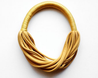 statement necklace, gold necklace, golden choker, fabric necklace, mustard fabric necklace, textile jewelry, yellow mustard necklace