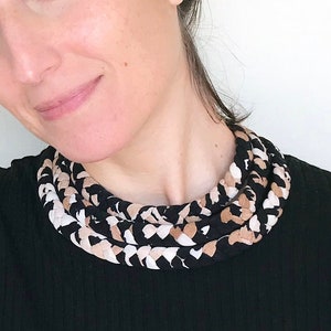 leopard chunky necklace, earth color statement necklace, chunky choker, statement choker, textile jewelry, braided necklace, fabric necklace