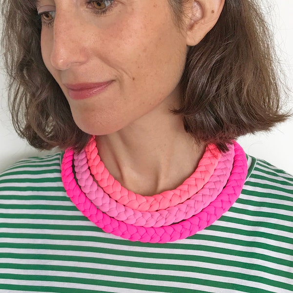 statement necklace, neon necklace, neon choker, pink necklace, fuchsia necklace, textile jewelry, neon braided necklace, fabric necklace