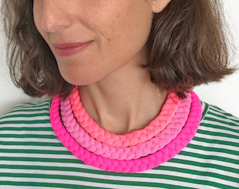 statement necklace, neon necklace, neon choker, pink necklace, fuchsia necklace, textile jewelry, neon braided necklace, fabric necklace