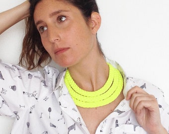 statement necklaces for women, fluorescent yellow statement choker, multistrand chunky braided necklace, lightweight statement bib necklace