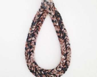 statement fabric necklace, layered braided necklace, brown braided choker necklace, multistrand leopard necklace, textile jewelry, mom gift