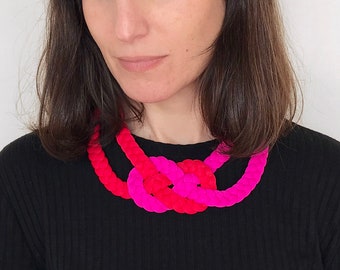 infinity bib necklace, red and fuchsia pink statement necklace, braided fabric necklace, necklace for sensitive skin