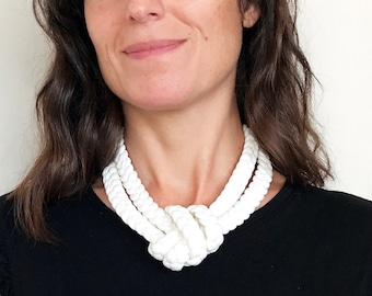 white statement necklace, ivory knotted necklace, ivory braided necklace, textile necklace, fabric jewelry, sensitive skin