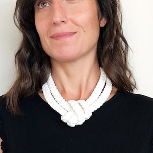 white statement necklace, ivory knotted necklace, ivory braided necklace, textile necklace, fabric jewelry, sensitive skin