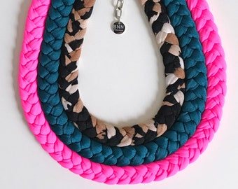 Statement Necklace Orange Neon Tshirt Yarn Necklace Textile Jewelry Neon Fabric Necklace Summer Bright Necklace Bib Braided Necklace
