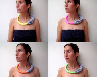 chunky neon choker necklace, neon pink statement necklace, neon yellow necklace, contemporary unique necklace, textile fabric jewelry