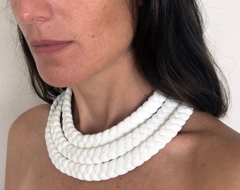 statement ivory choker necklace, textile jewelry, fabric necklace, ivory jewelry, white cream braided necklace, ivory chunky choker necklace
