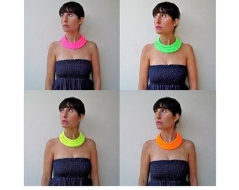 set of 4 neon statement choker necklaces, layered multistrand necklace, chunky tribal choker, neon textile jewelry