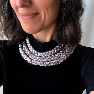 Statement silver necklace, chunky fabric necklace, silver chunky choker, textile jewelry, layered choker necklace