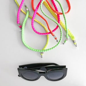 neon sunglasses strap, neon yellow sunglasses chain, neon eyeglass chain, braided eyeglasses strap, textile jewelry, neon statement jewelry