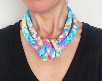 Statement necklaces for women, colorful chunky necklace, textile jewelry, knotted necklace, no metals necklace, allergy free necklace