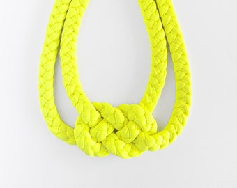 neon yellow knotted statement necklace, neon fabric necklace, neon braided choker necklace, neon chunky fabric jewelry, sensitive skin