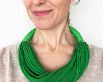 statement necklaces for women, green jersey necklace, fabric choker, chunky jewelry, textile jewelry, layered necklace, statement jewelry