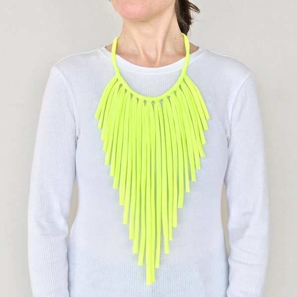 neon yellow fringes necklace, long statement neon necklace, boho tribal necklace, neon fabric statement choker, textile jewelry, wife gift