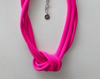 Neon pink knot necklace, chunky necklace, unique knotted choker necklace, statement trendy necklace, textile jewelry