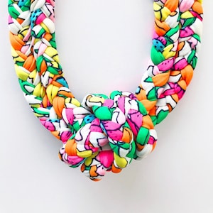 chunky statement necklace, knotted necklace, neon fabric necklace, neon braided necklace, textile necklace, fabric jewelry, sensitive skin