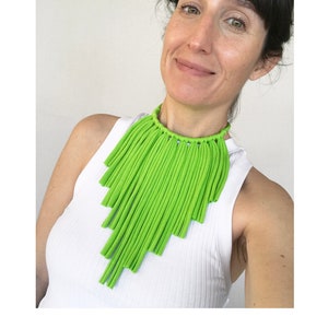 lime green chunky necklace, adjustable fringes choker necklace, statement waterfall necklace, long tribal textile jewelry, boho necklace