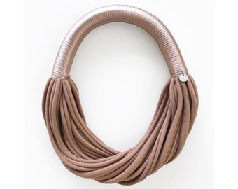 light brown mocha statement necklace, jersey fabric necklace, multi strand necklace, layered textile jewelry, fabric chunky necklace