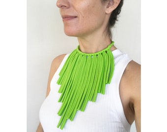lime green chunky necklace, statement fringes choker necklace, statement waterfall necklace, long tribal textile jewelry, boho necklace