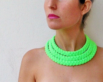 neon green satement choker necklace, green layered necklace, textile jewelry, multistrand fabric necklace, tribal necklace