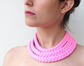 shiny bubble gum pink choker necklace, statement fabric necklace, braided necklace, pink layered textile necklace