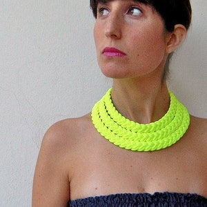 Statement necklace, Neon choker, braided necklace, layered necklace, tribal necklace Triple braid necklace handmade in neon yellow fabric image 1