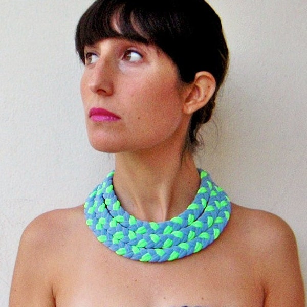 braided necklace, statement necklace, boho necklace, tribal necklace, neon choker, fabric necklace, neon green necklace, neon fabric choker