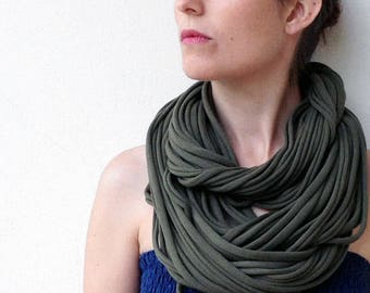 moss green scarf, infinity cotton scarf, statement necklace, green long necklace, scarves for men, scarves for women - The noodle scarf