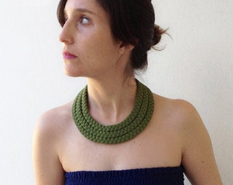 statement green necklace, statement chunky choker, textile jewelry, fabric necklace, original gift for mom, multistrand braided necklace