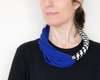 statement necklace, statement choker, blue fabric necklace, black fabric necklace, chunky necklace multistrand necklace