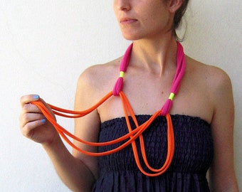 statement necklace, jersey fabric necklace, neon necklace, layered necklace, long necklace, neon yellow necklace, tribal necklace