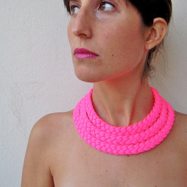 Neon statement necklace, neon choker, chunky necklace, multistrand choker, braided necklace, textile jewelry, colorful textile necklace