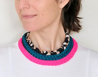 statement necklace, neon necklace, neon choker, neon pink necklace, chunky necklace, textile jewelry, neon braided necklace, fabric necklace