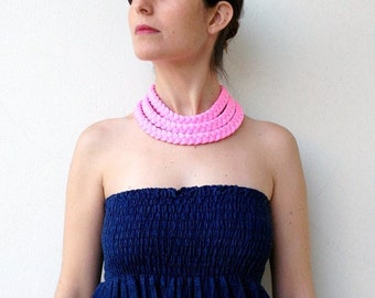 pink necklace, pink chunky necklace, layered necklace, multistrand necklace, fabric necklace, bubble gum pink choker