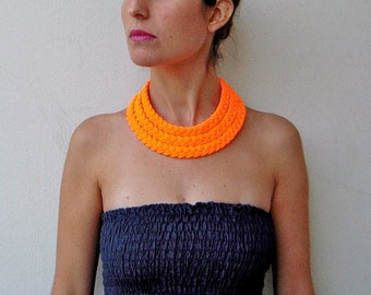 neon choker, neon necklace, statement necklace, braided necklace, friendship necklace, neon fabric - Triple braid necklace - neon orange