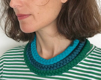 statement necklace, layered necklace, green choker, blue necklace, emerald necklace, textile jewelry, gift for bestfriend, fabric necklace