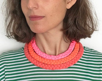 statement necklace, neon necklace, neon choker, neon orange necklace, best friend necklace, neon braided necklace, fabric necklace