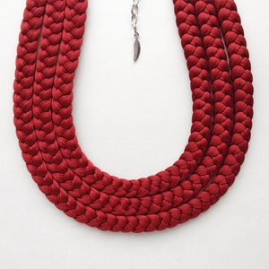 red choker necklace, statement fabric necklace, textile jewelry, burgundy braided necklace, unique handmade necklace, contemporary jewelry image 1