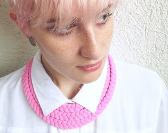 pink necklace, braided necklace, girly necklace, cute necklace, pink choker - The triple braid necklace - handmade in bubble gum pink fabric