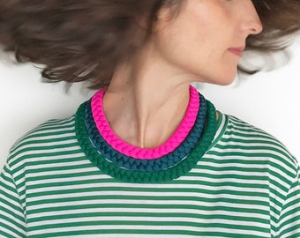 statement fabric necklace, layered choker necklace, neon choker, green necklace, emerald necklace, textile jewelry, pink braided necklace