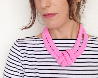 pink statement necklace, pink chunky choker, statement choker, pink braided necklace, pastel pink fabric, textile jewelry, fabric necklace